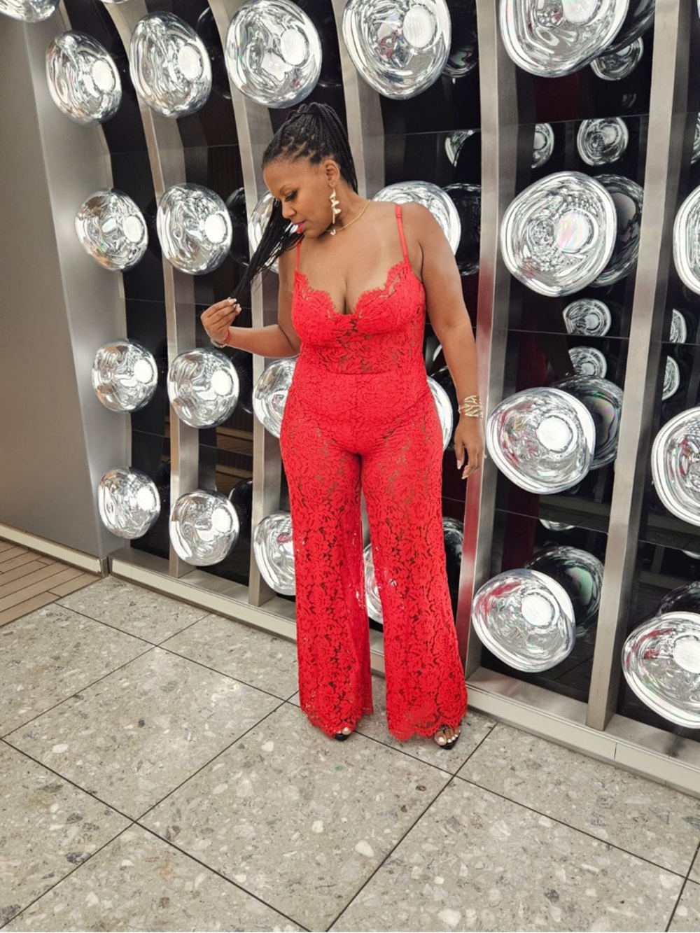 Fashion Nova Red Lace Wide-Leg Jumpsuit